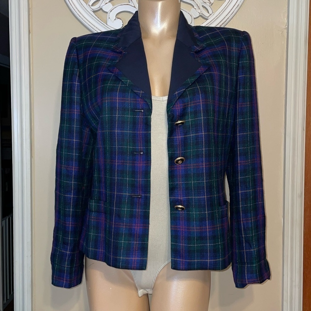 Le Suit women’s 10 medium blazer jacket vintage plaid buisness casual blue green